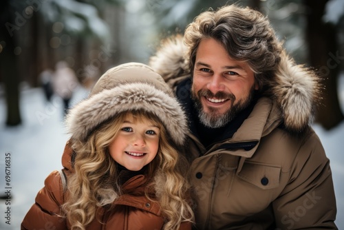 Portrait of cheerful Caucasian father and his cute daughter against the backdrop of snowy forest or park. Happy family in winter outwear spend vacation together walking and hiking.