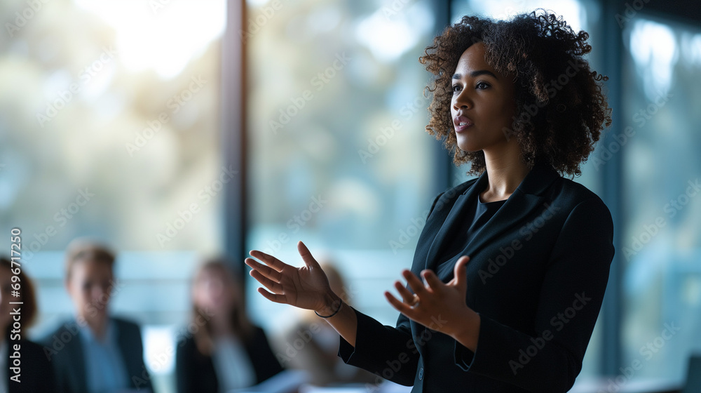 A African-American Businesswoman making a presentation in board room presenting business ideas and strategy for business growth - obrazy, fototapety, plakaty 