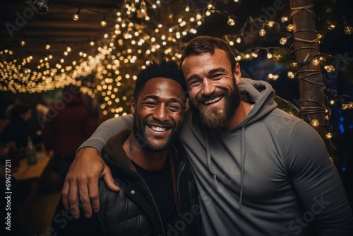 Two adult men in casual clothes pose hugging and smiling happily in a pub during New Year's party. Old buddies are celebrating Christmas and having fun. photo