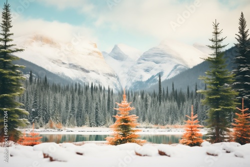 pine forest covered in snow with a mountain backdrop
