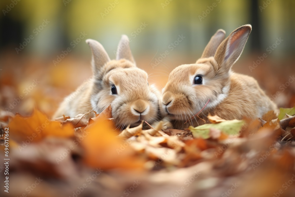 Fototapeta premium a rabbit duo grooming on a bed of autumn leaves