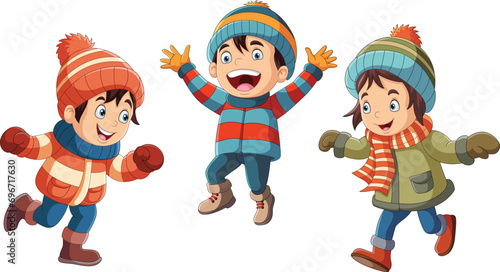 Happy children cartoon wearing winter clothes