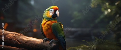 Portrait of Close Up Parrot, living in the jungle zoo near the river, Standing on a branch, it is dark outside
