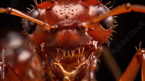 A closeup of a fire ants mandibles reveals the complex chemistry behind its powerful bite, aided by selfassembling structures on its jaw for maximum efficiency in capturing prey. photo
