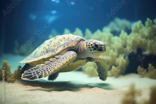 sea turtle leaving trails in underwater sand