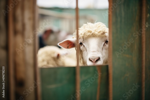 sheared sheep looking out from a pen