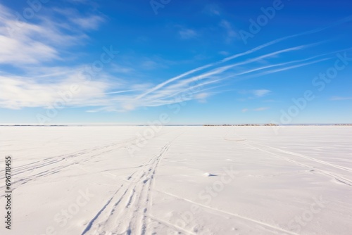 snowshoe tracks forming a loop on a wide expanse of ice
