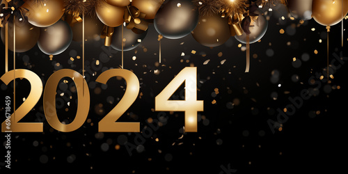 Neujahr Sylvester 2024 in goldenen Zahlen mit Ballons, abstrakte Grafik Layout Design für Werbung und Druck. ai generativ