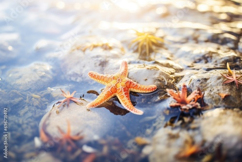 a starfish in a tide pool, sun reflection on water photo