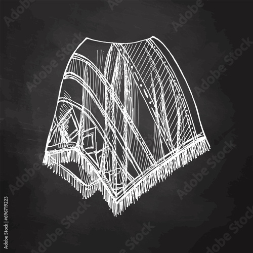 Hand-drawn sketch of mexican poncho on chalkboard background. Vintage drawing of Latin American national clothes. Vector black ink illustration. Mexican culture. Latin America.