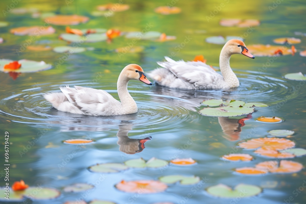 Fototapeta premium cygnets swimming near lily pads