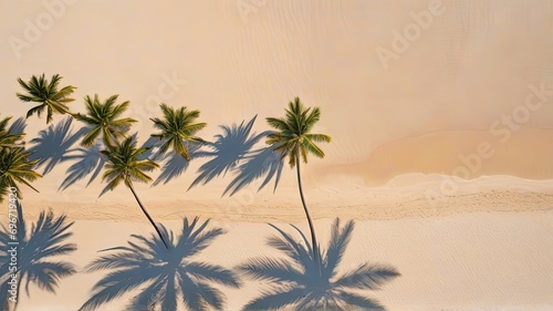 A Top-View Symphony of Palm Trees  Ocean Waves  and Sandy Shores Creating a Breathtaking Beachscape.