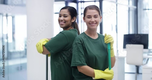 Women, cleaning office and portrait with mop, service and happy for job, coworker and hygiene. Workers, working and smile for disinfection, fun and enjoy together as colleagues, bacteria and janitors photo