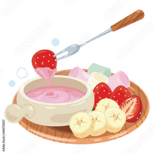 皿に盛られたフルーツやマシュマロとストロベリーチョコレートフォンデュ