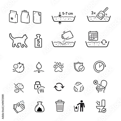 Set icons for cat litter. The outline icons are well scalable and editable. Contrasting elements are good for different backgrounds. EPS10.	