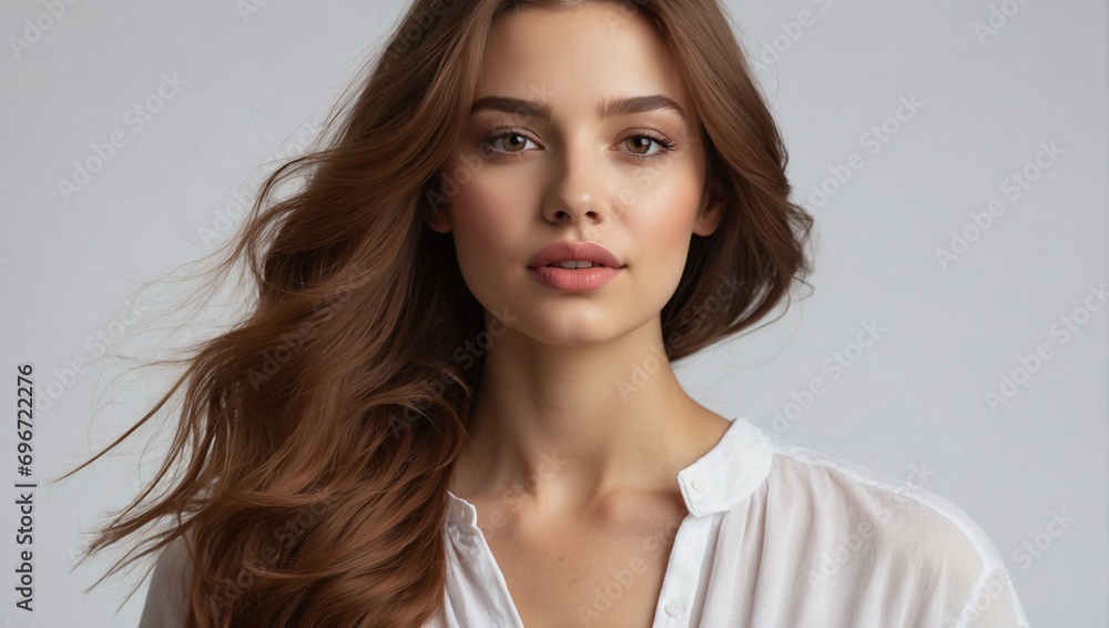 Fototapeta premium A beautiful young woman portrait wearing white shirt with long hair for skin care ads and hair treatment products. 