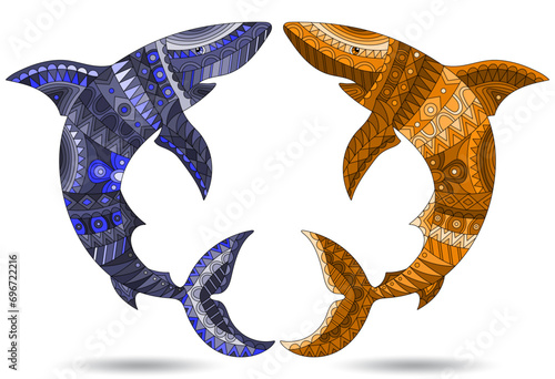 A set of stained glass illustrations with abstract sharks, animals isolated on a white background, tone blue and brown
