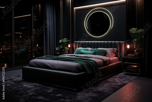 
A realistic interior design photo of a black bedroom with RGB lighting, black carpet flooring, black satin sheets, vegitation on a wall photo
