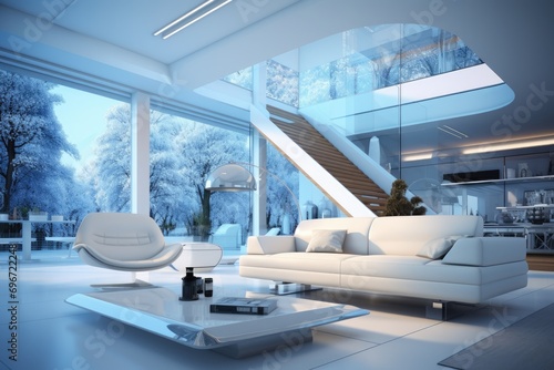 Modern interior design, simple and bright, full of sense of technology,