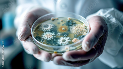 laboratory assistant shows a Petri dish with mold samples