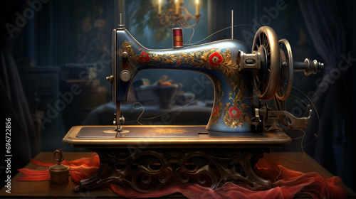 An antique hand-cranked sewing machine photo