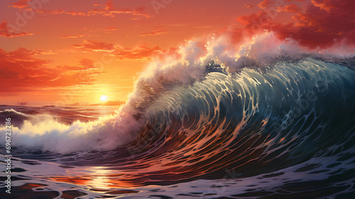 An ocean wave splashing at sunset