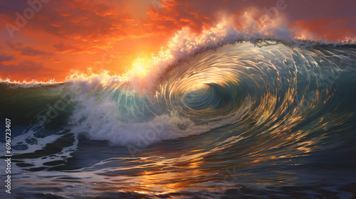 An ocean wave splashing at sunset