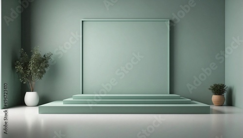 Green podium background for cosmetic product display, presentation and advertisement. Minimalist clean empty room