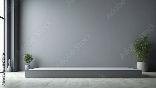 Clean cement empty room with gray podium, ceiling lights and potted plants. Modern minimalist background for product presentation or display 