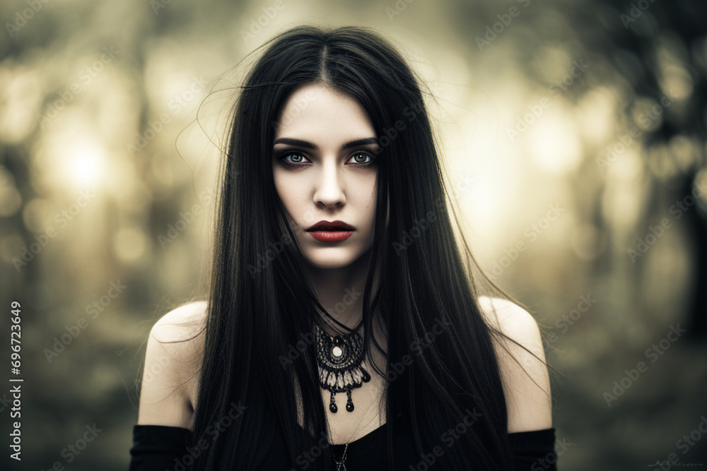 Witch girl photography, digital art, portrait of a young witch with long black hair, gothic clothing Witch girl photography, digital art, portrait of a young witch with long black hair, gothic clothing