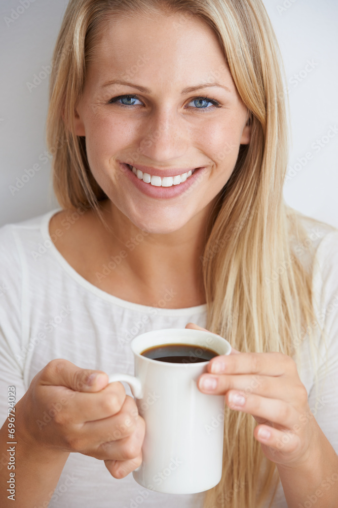Woman, portrait and happy in studio with coffee for morning caffeine, break and energy for relax and drink. Person, face and smile with beverage, cup and cheerful with closeup on white background Woman, portrait and happy in studio with coffee for morning caffeine, break and energy for relax and drink. Person, face and smile with beverage, cup and cheerful with closeup on white background