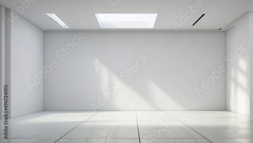 Empty room with grey walls  curtains and light shadow from the window  seen from the front. Modern minimalist background for product presentation or display