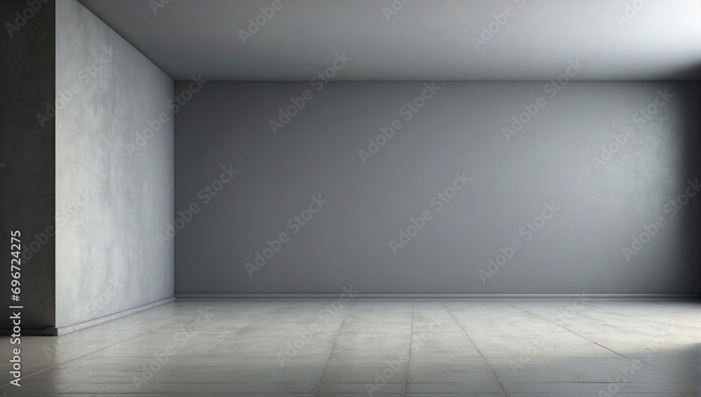 Clean cement empty room with grey walls, front view. Modern minimalist background for product presentation or display Clean cement empty room with grey walls, front view. Modern minimalist background for product presentation or display