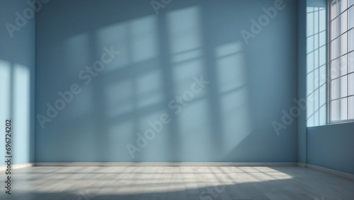 Empty room with blue walls, wooden floor and light shadow from the window, seen from the front. Modern minimalist background for product presentation or display 