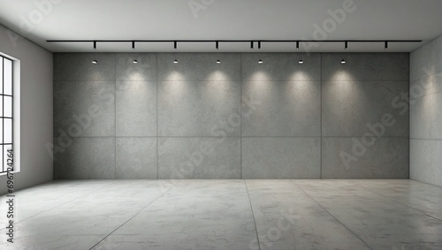 Clean cement empty room with gray walls, windows and ceiling lights, seen from the front. Modern minimalist background for product presentation or display © Leohoho