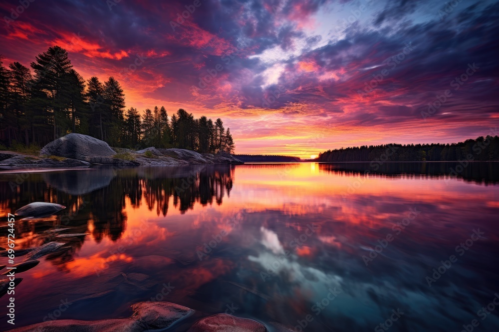 lake in the evening, An image of a vibrant sunset over a serene lake, with colorful reflections shimmering on the water, AI Generated