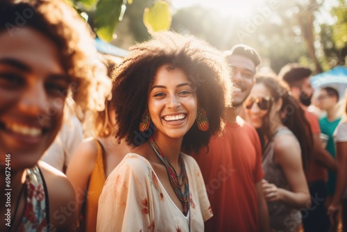 group of friends enjoying summer party, An image of a diverse group of friends at a summer music festival, AI Generated