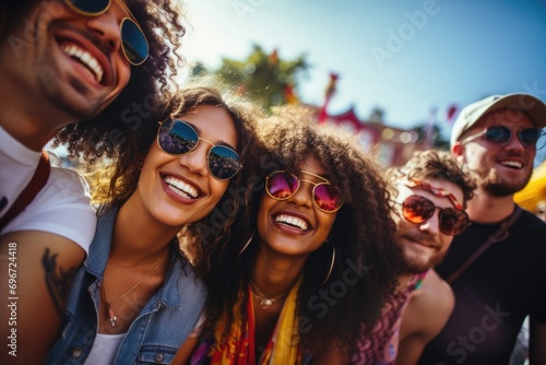 group of happy people at festival, laughing and having fun, An image of a diverse group of friends at a summer music festival, AI Generated