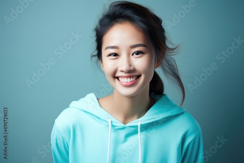 Portrait of a beautiful smiling asian woman in blue hoodie, Asian woman florist creating wedding bouquet in flower shop, AI Generated photo