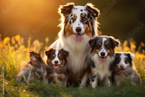 Australian shepherd puppy with mother and puppies in the park at sunset, Aussie dog mum with puppies playing on a green meadow land, AI Generated