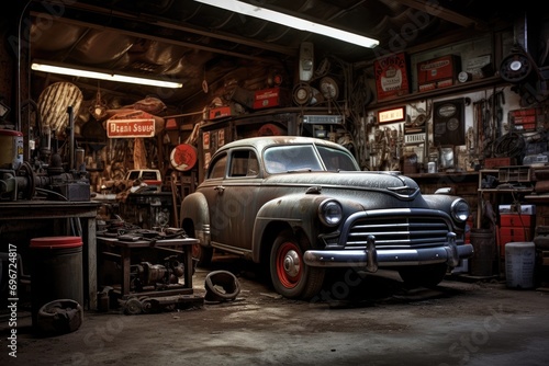 Old car in a garage, retro style, toned image, Automotive repair shop, AI Generated © Iftikhar alam