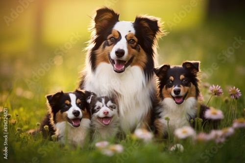 Australian shepherd dog with group of puppies in the park at sunset, Aussie dog mum with puppies playing on a green meadow land, AI Generated