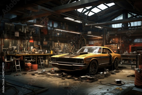 Abandoned yellow car in the garage. 3d rendering, Automotive repair shop, AI Generated