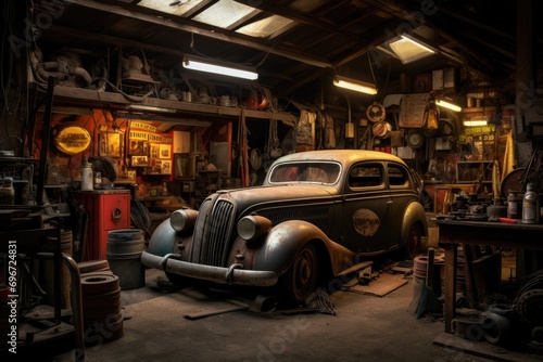 Old car in a garage. Retro car in an old garage, Automotive repair shop, AI Generated