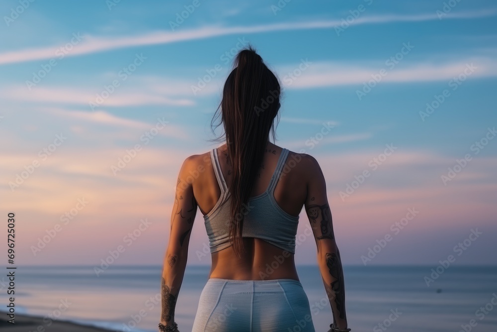Back view of a young woman in sportswear standing on the beach at sunset, Back view of woman athlete in sportswear doing stretching and warm up for hands outdoors on ocean beach, AI Generated
