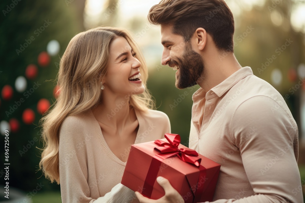 Obraz premium Portrait of happy loving couple, Smiling man surprises his girlfriend with present outdoor