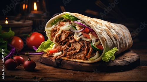 Shawarma sandwich on wooden rustic background. Gyro fresh roll with pita with grilled Image of food. copy space for text. photo