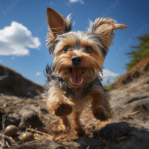 Realistic photo of happy Yorkshire terrier on sunny day running towards viewer