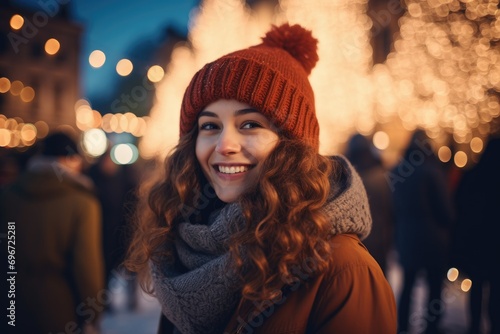 Beautiful young woman with red curly hair wearing warm hat and scarf on the background of christmas lights, Beautiful girl having wonderful time on traditional Christmas market, AI Generated © Iftikhar alam