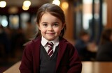 A little girl in a school uniform standing at a table. Generative AI.